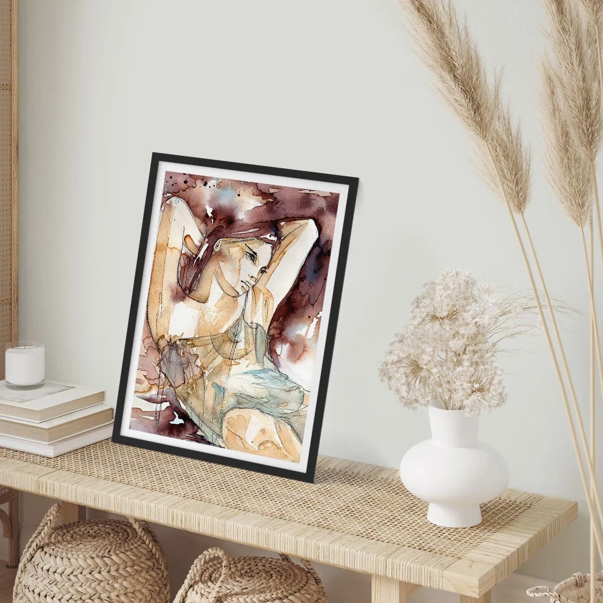 Plakat i sort ramme - Kunstnerisk silhuet af en kvinde i brune nuancer - 50x70cm - I stemning af lilla - Moderne vægdekoration til stue og soveværelse ARTTOR