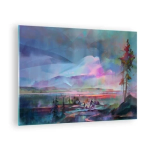 Billede på glas - Et farverigt landskab med bjerge og hytter i surrealistisk stil. - 70x50cm - Under en venlig himmel - Moderne vægdekoration til stue og soveværelse ARTTOR