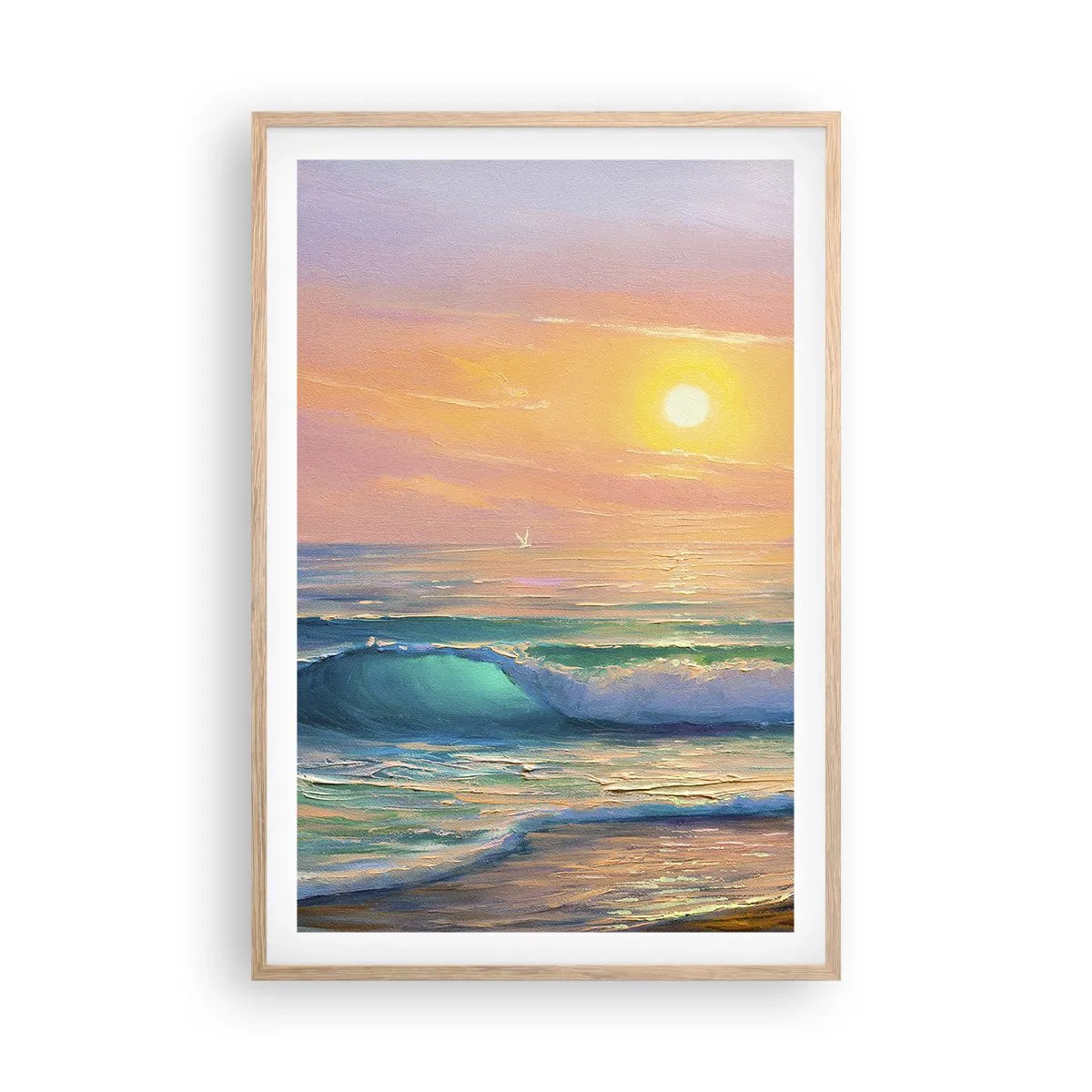 Plakat i ramme af lyst egetræ - Bølgernes turkisfarvede sang - 61x91 cm