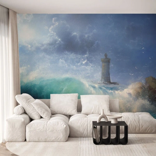 Fototapet Premium Canvas - På vagt mod elementerne - Landskab, Fyrtårn, Storm - 100x70 cm