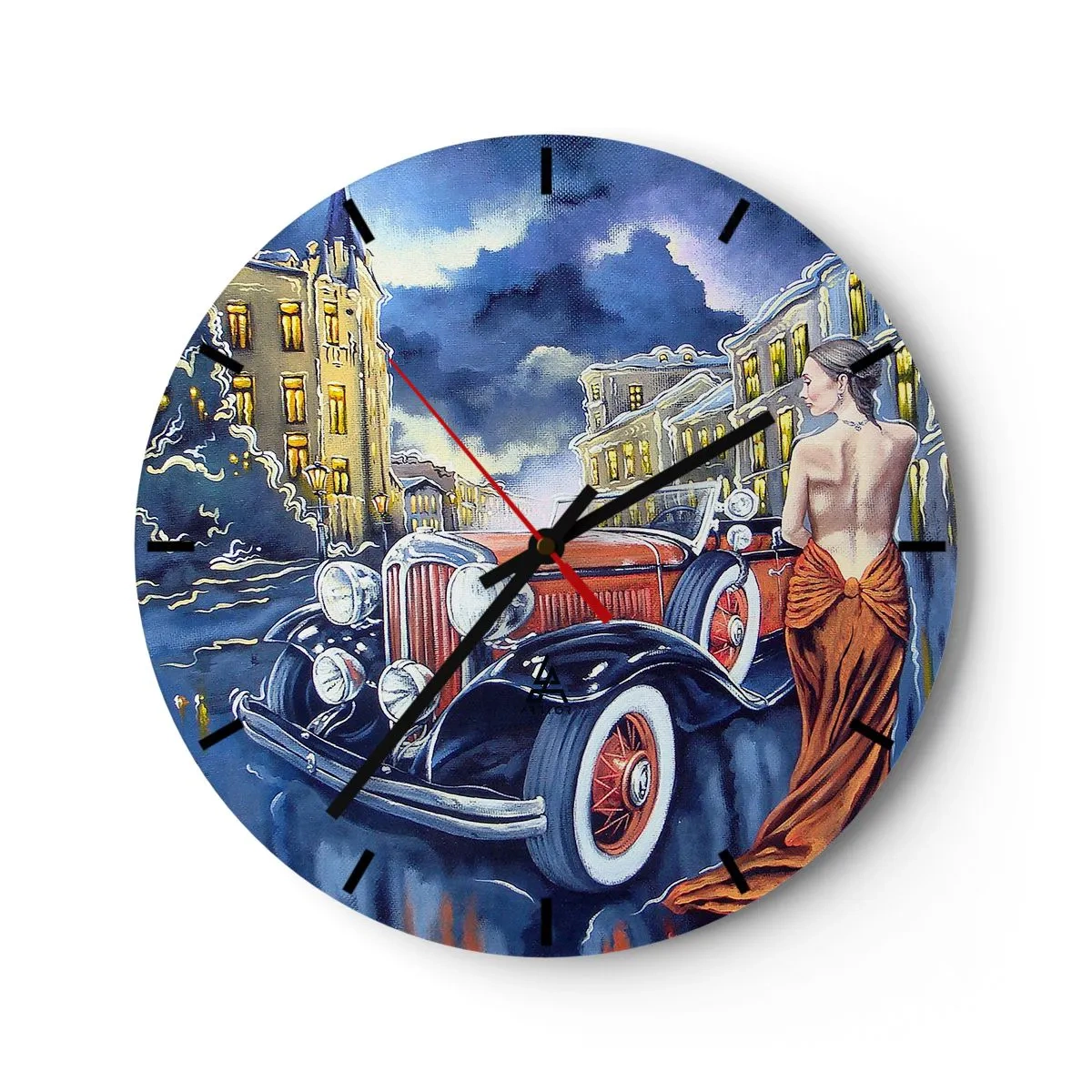 Vægur, Uret - En kvinde i en orange kjole ved siden af en retrobil med en by i baggrunden. - 30x30cm - Nocturne i blå og koral - Moderne vægdekoration til stue, køkken og soveværelse ARTTOR
