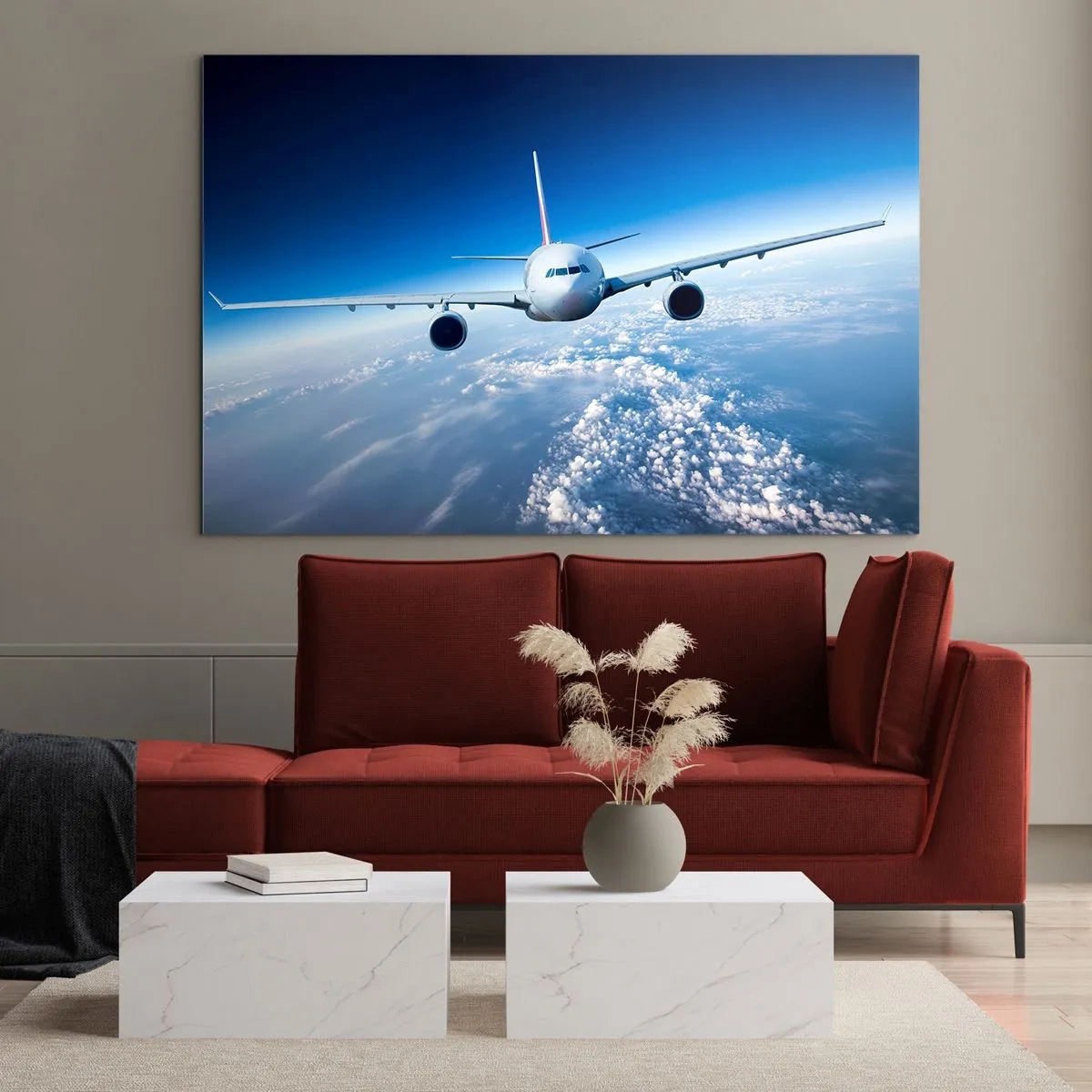 Billede på glas - Et passagerfly mod en blå himmel og skyer - 70x50cm - Jeg går, fordi jeg vil - Moderne vægdekoration til stue og soveværelse ARTTOR