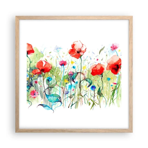 Plakat i ramme af lyst egetræ - En blomstrende eng i maj - 50x50 cm