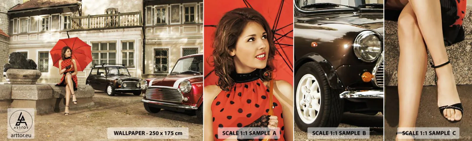 Fototapet Prøve Standard Eco - En mini-sentimental rejse - Kvinde, Arkitektur, Bil - 100x30 cm