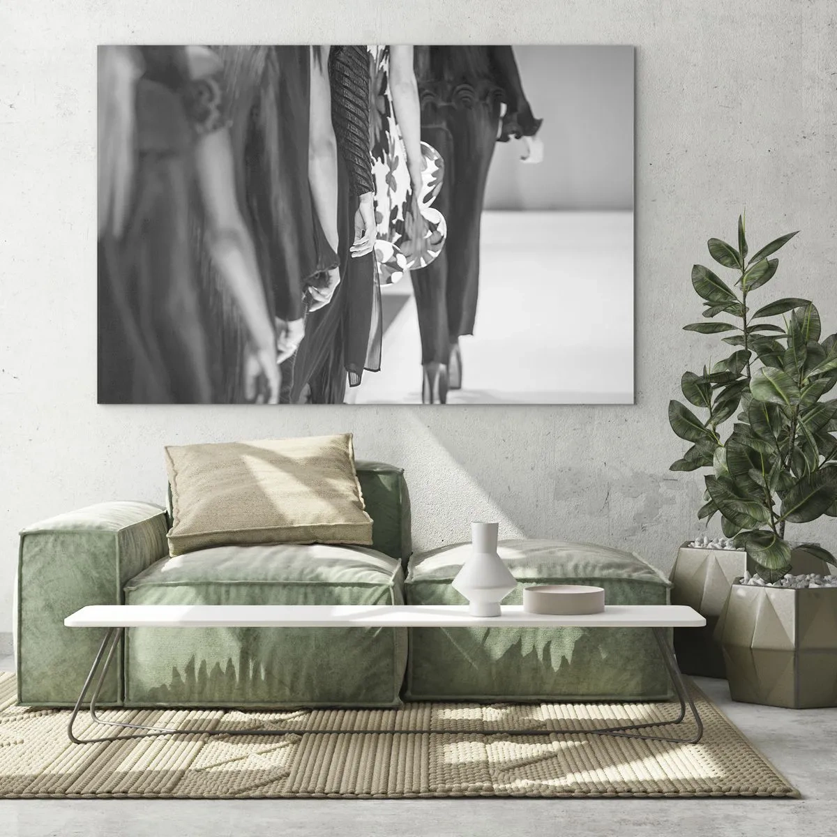 Billede på glas - En sort-hvid scene fra et modeshow med modeller på catwalken. - 70x50cm - En stilfuld parade - Moderne vægdekoration til stue og soveværelse ARTTOR