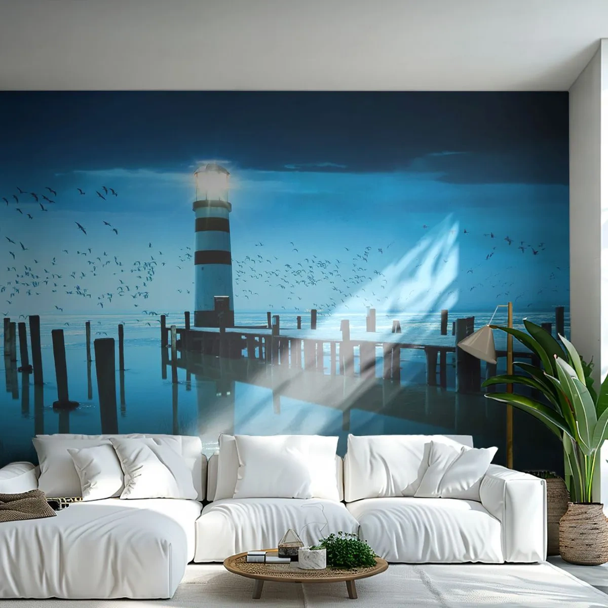 Fototapet Premium Sand - Og du er ikke bange for mørket - Landskab, Fyrtårn, træbro - 100x70 cm