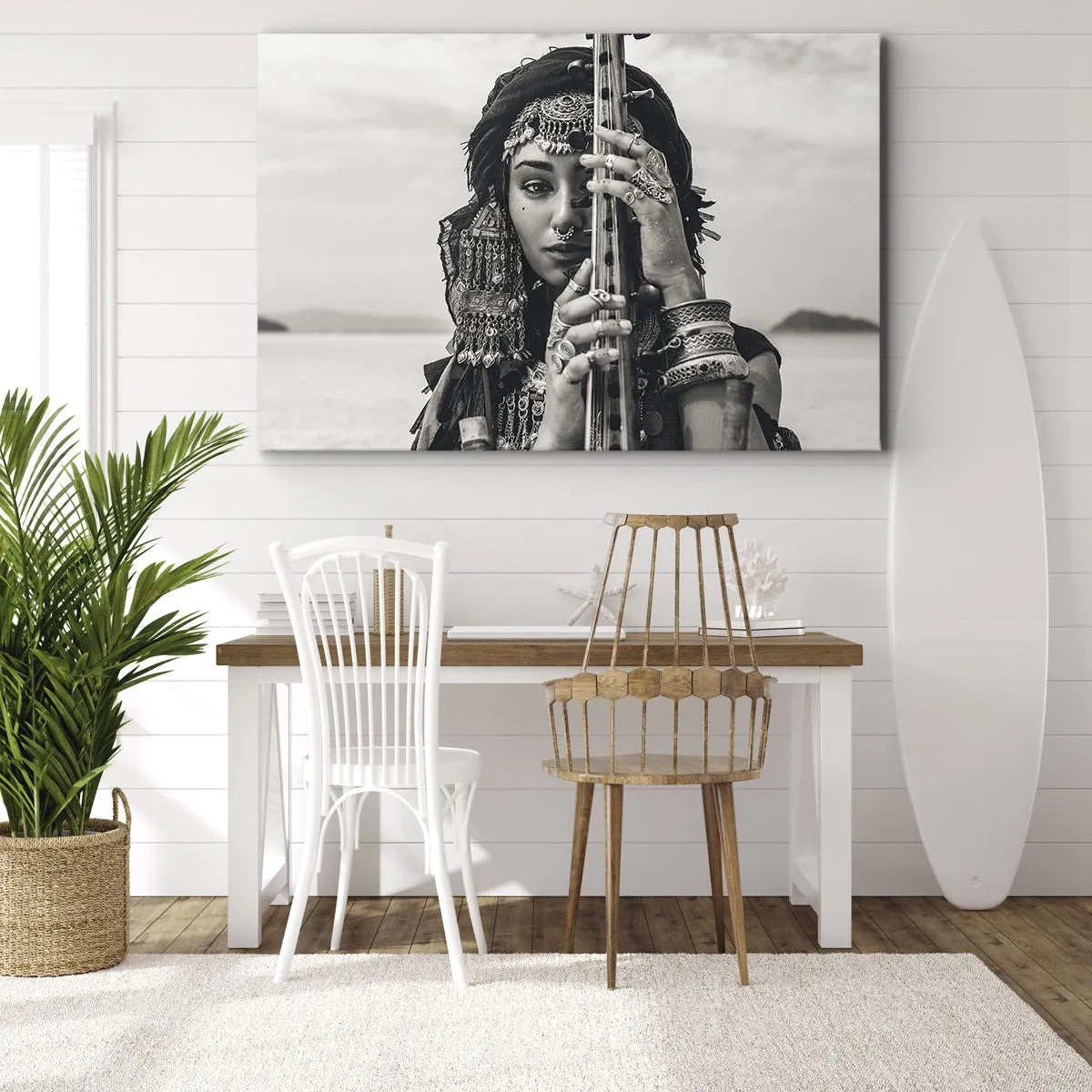 Lærredstryk - Billede på lærred - Portræt af en kvinde i etniske smykker, der holder et instrument i hånden - 70x50cm - Selve den orientalske musik - Moderne vægdekoration til stue og soveværelse ARTTOR