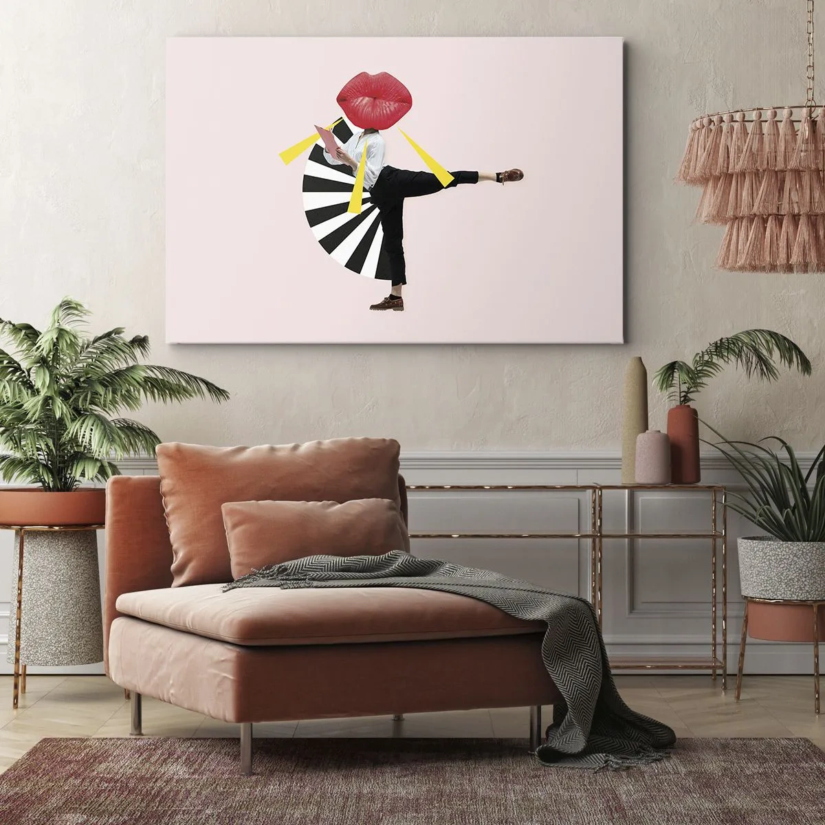 Lærredstryk - Billede på lærred - Surrealistisk figur med mund og geometriske elementer - 70x50cm - Surrealistisk popkunst - Moderne vægdekoration til stue og soveværelse ARTTOR