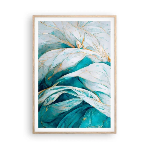 Plakat i ramme af lyst egetræ - Blå abstraktion med et guldmotiv - 70x100 cm