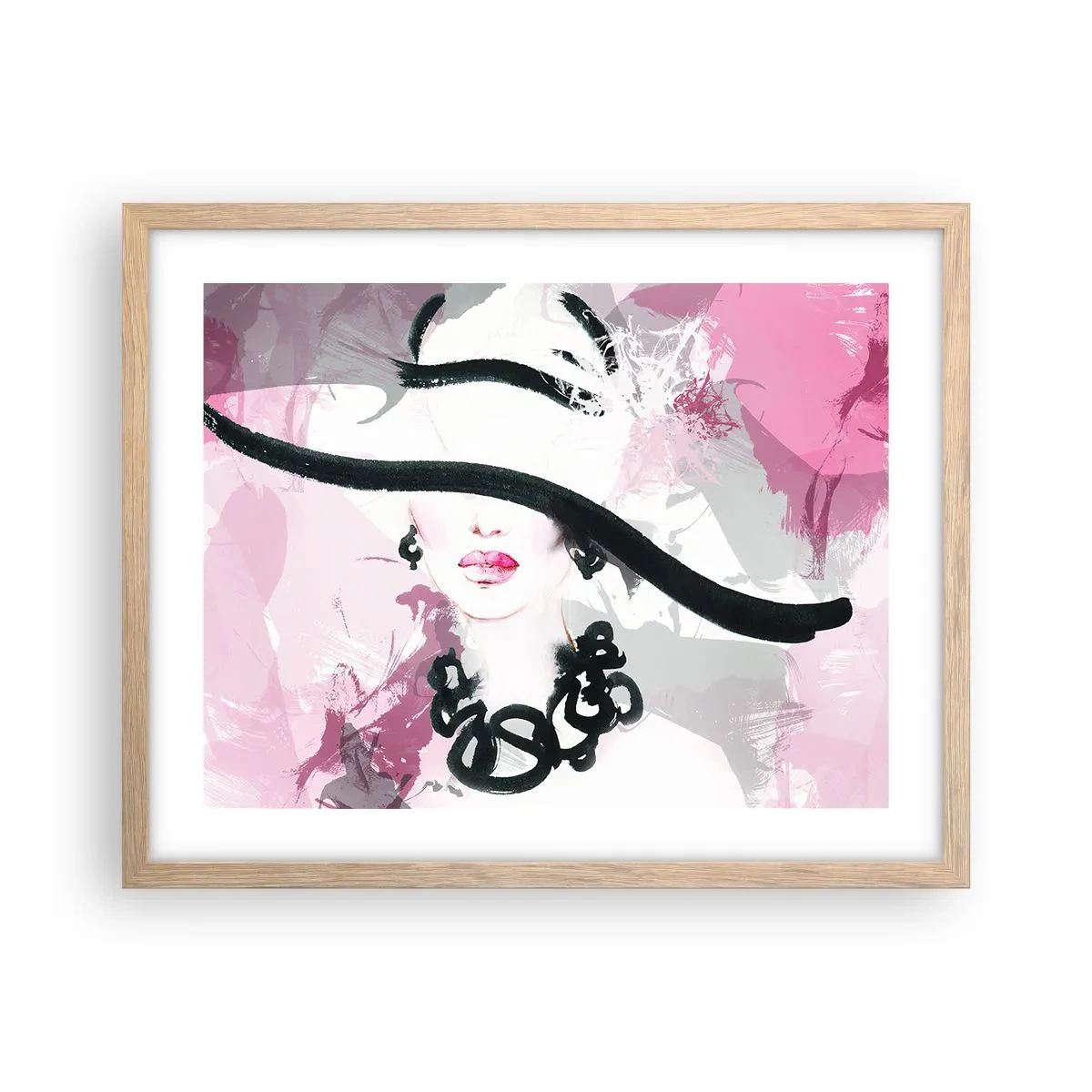 Plakat i ramme af lyst egetræ - Portræt af en dame i sort og lyserødt - 50x40 cm