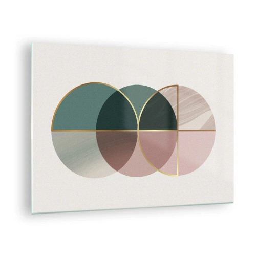 Billede på glas - Geometriske former med nuancer af grønt og lyserødt på en lys baggrund - 70x50cm - Hjul for hjul… - Moderne vægdekoration til stue og soveværelse ARTTOR
