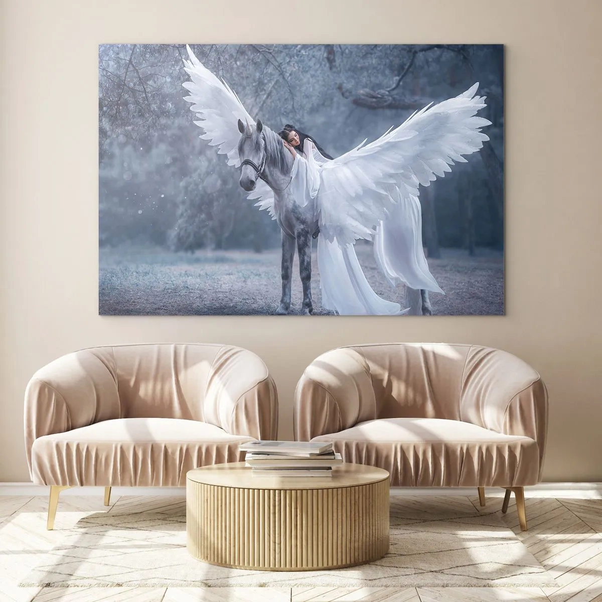 Billede på glas - Pegasus med hvide vinger og en kvinde i en kjole i en mystisk skov - 70x50cm - Inspireret øjeblik - Moderne vægdekoration til stue og soveværelse ARTTOR