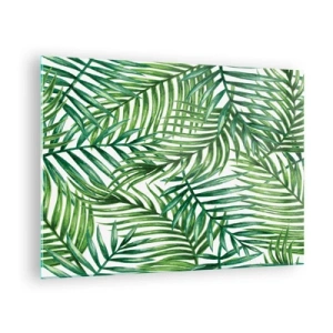 Billede på glas - Grønne palmeblade på en hvid baggrund skaber et geometrisk mønster - 70x50cm - Under det grønne baldakin - Moderne vægdekoration til stue og soveværelse ARTTOR
