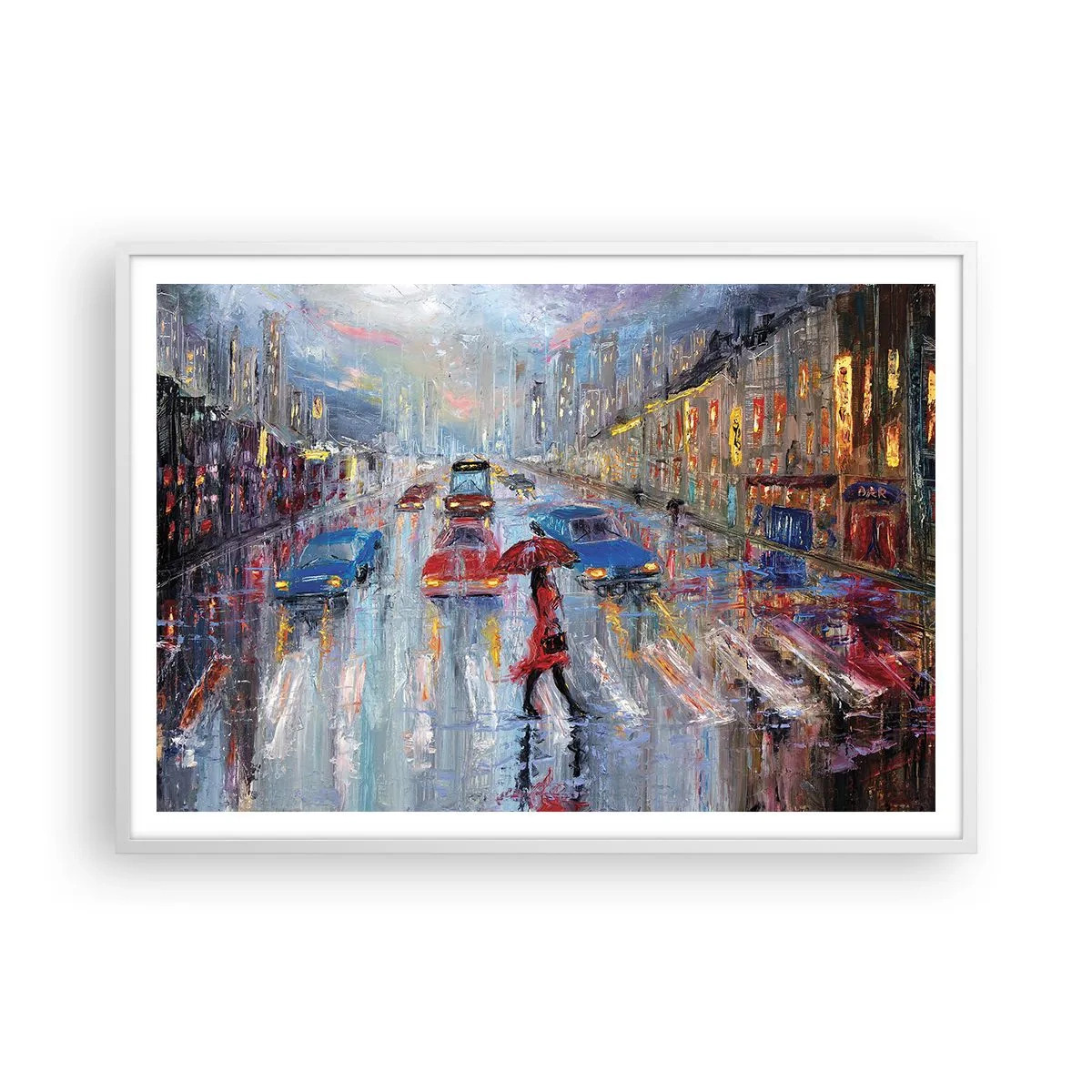 Plakat i hvid ramme - Regnfuld eftermiddag i byen - 100x70 cm