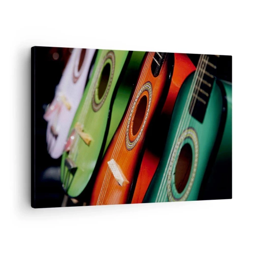 Lærredstryk - Billede på lærred - Farverige guitarer i forskellige nuancer arrangeret i en række - 70x50cm - Guitaren har mange farver - Moderne vægdekoration til stue og soveværelse ARTTOR