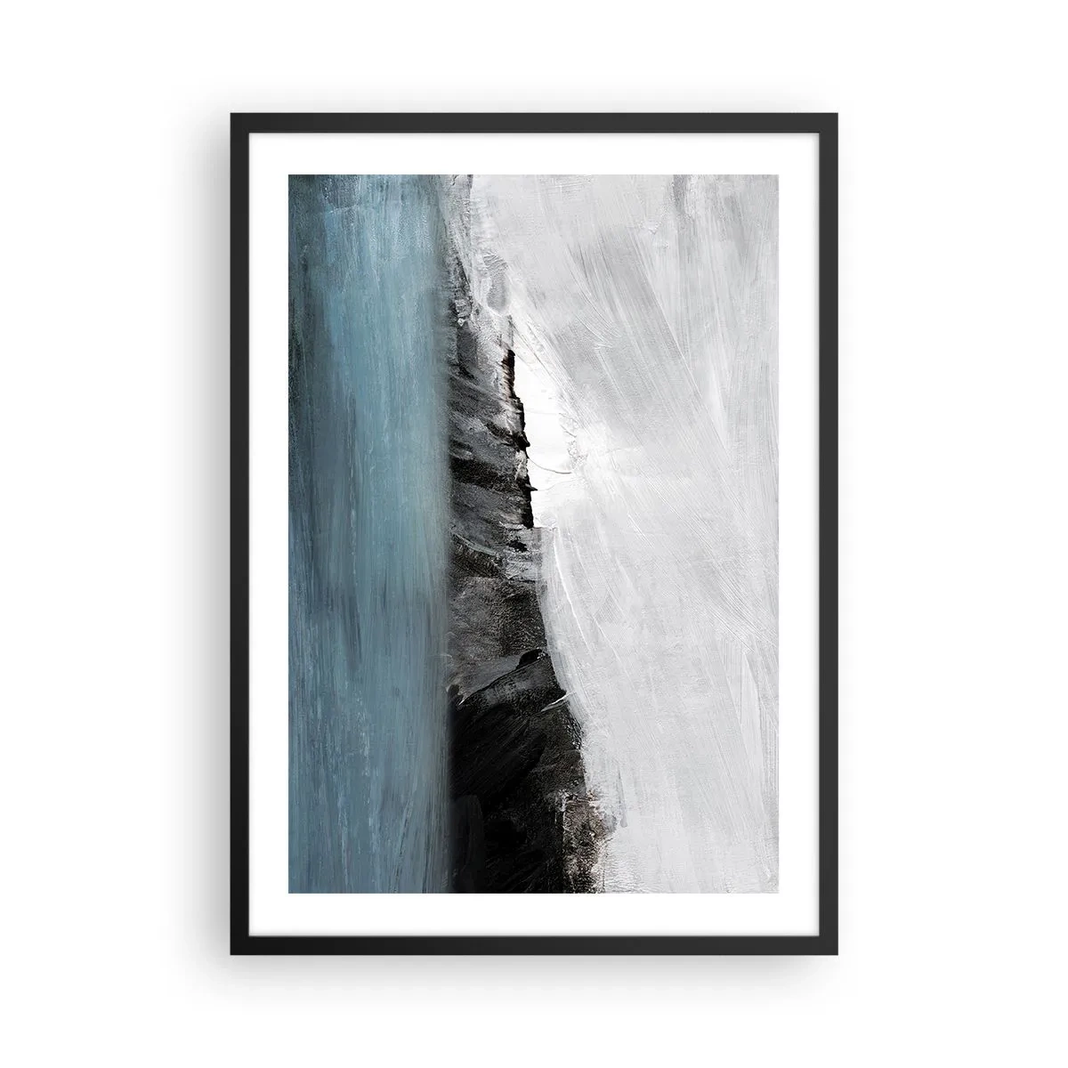 Plakat i sort ramme - Abstrakt komposition af en klippekyst og et hav - 50x70cm - Vand - jord: et sammenstød mellem elementerne - Moderne vægdekoration til stue og soveværelse ARTTOR