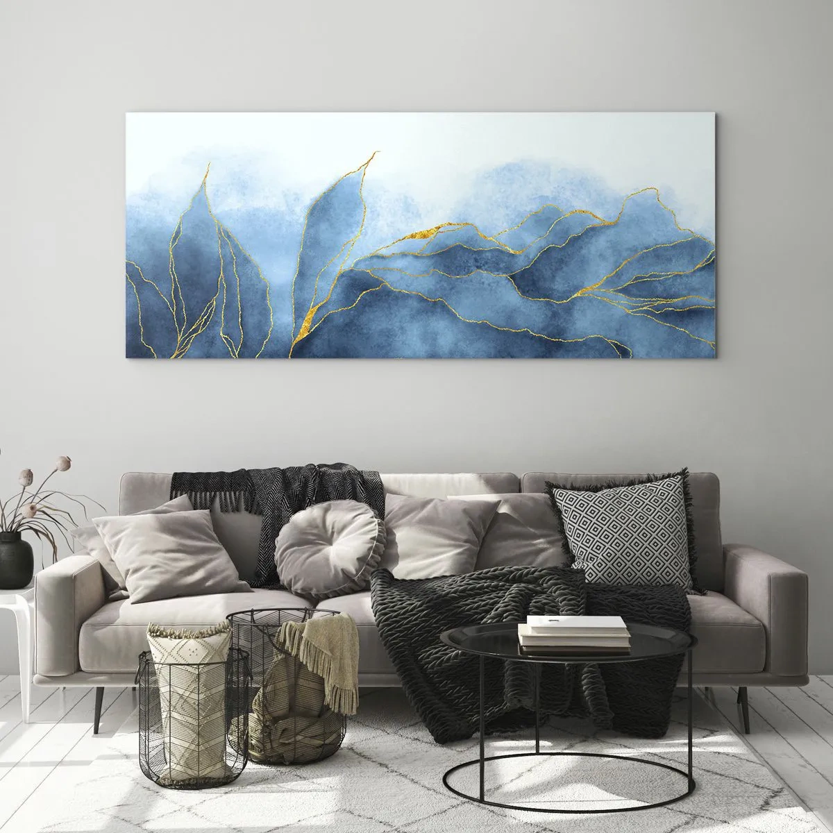 Billede på glas - Blå i guld - 100x40 cm