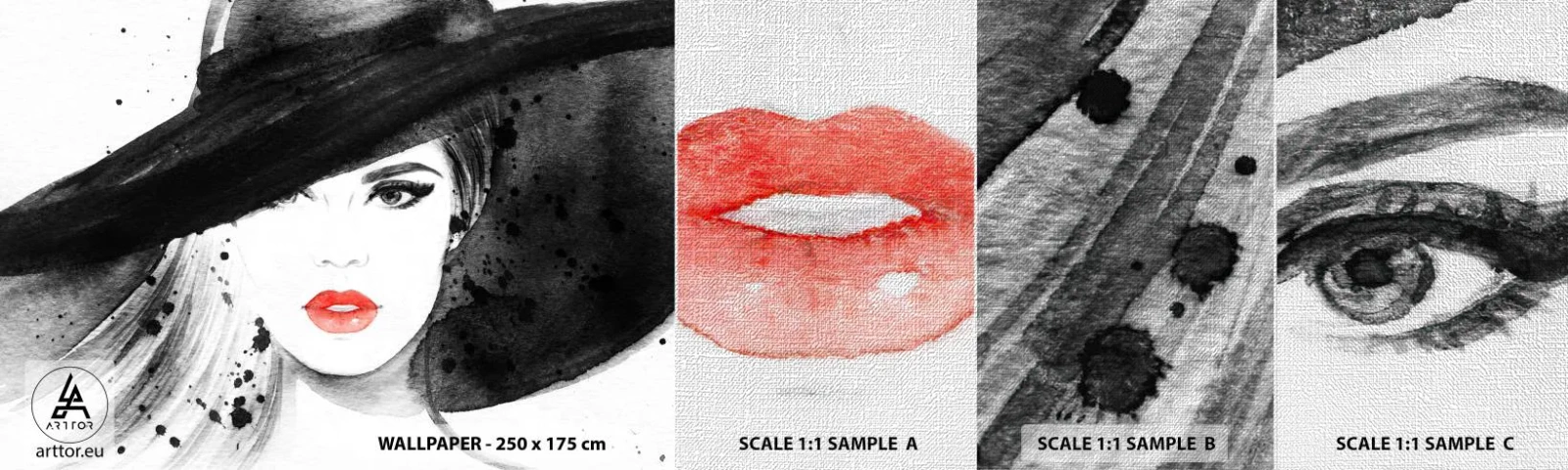 Prøve Fototapet Premium Canvas - Dame i sort - Kvinde, Kvindens ansigt, Portræt af en kvinde - 100x30 cm