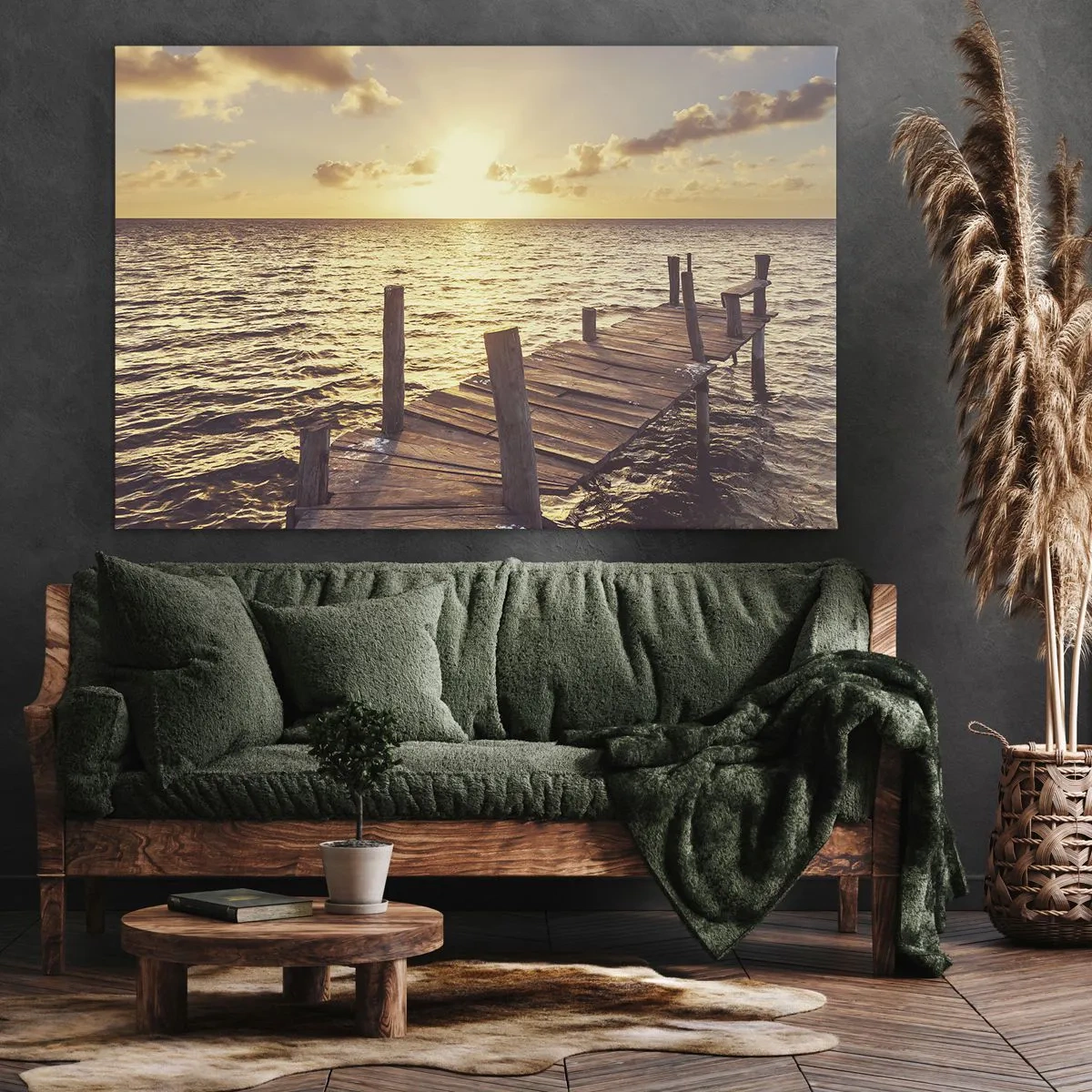 Lærredstryk - Billede på lærred - En træbro, der fører mod solnedgangen - 70x50cm - Gyldent land af blidhed - Moderne vægdekoration til stue og soveværelse ARTTOR