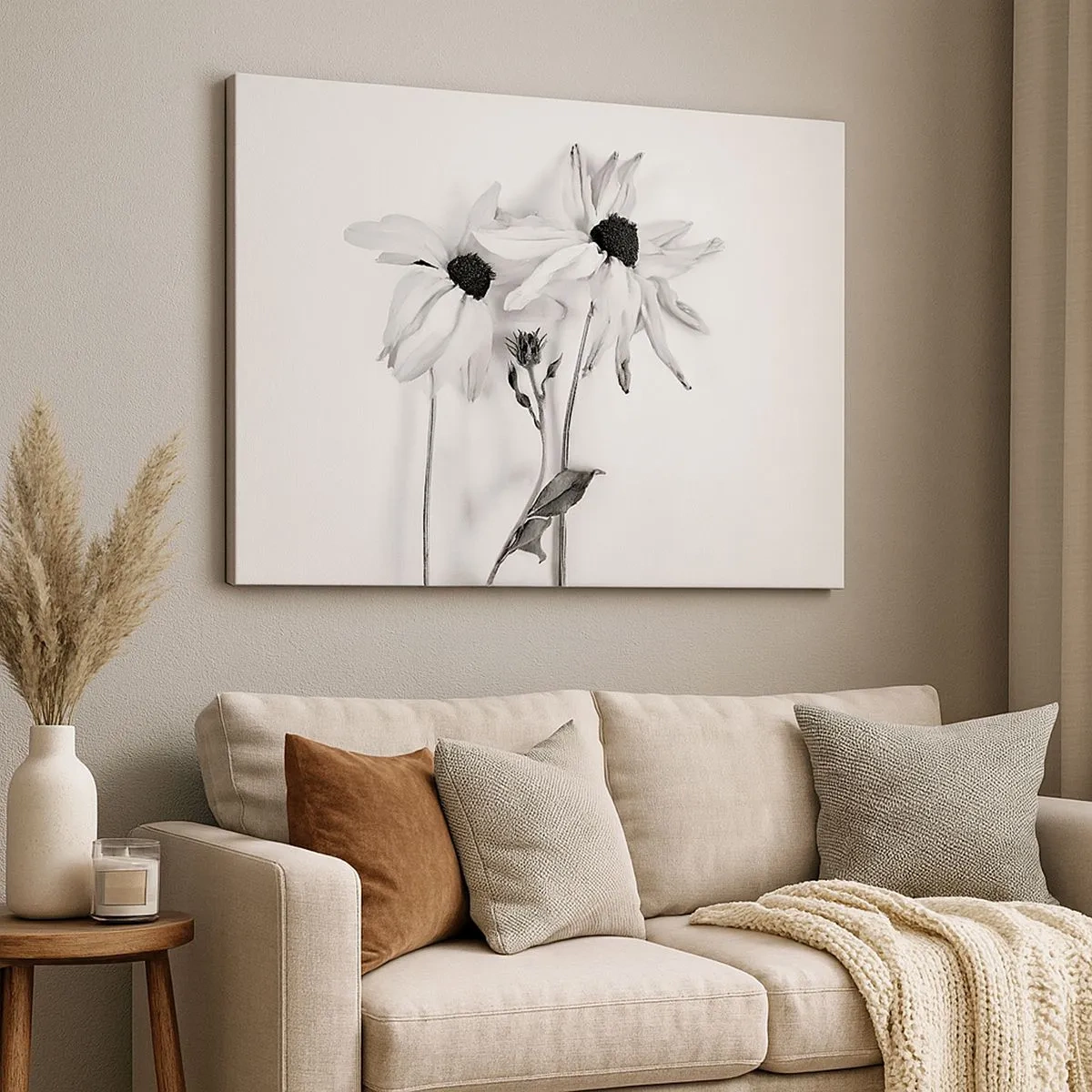 Lærredstryk - Billede på lærred - Sort-hvide blomster med en diskret komposition - 70x50cm - Ingen ønsker at være alene - Moderne vægdekoration til stue og soveværelse ARTTOR