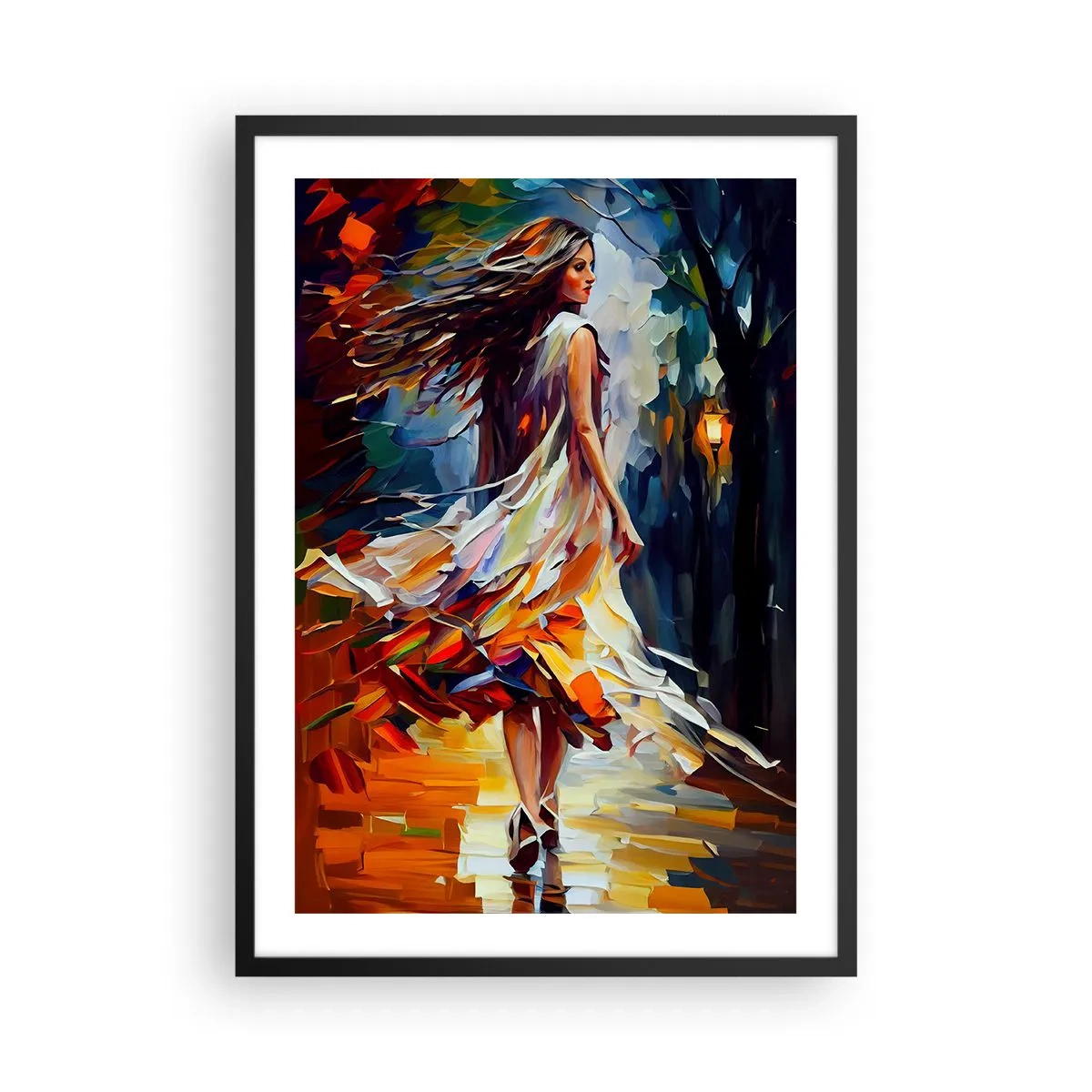 Plakat i sort ramme - En kvinde, der danser blandt farverige efterårsblade - 50x70cm - Efterårspige - Moderne vægdekoration til stue og soveværelse ARTTOR