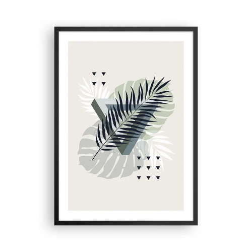 Plakat i sort ramme - Abstrakte tropiske blade på en lys baggrund - 50x70cm - Natur og geometri - to ordener? - Moderne vægdekoration til stue og soveværelse ARTTOR