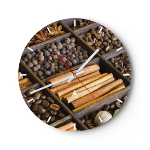 Vægur, Uret - Træskillevæg med forskellige krydderier og kaffe - 30x30cm - Et skatkammer af aromaer - Moderne vægdekoration til stue, køkken og soveværelse ARTTOR