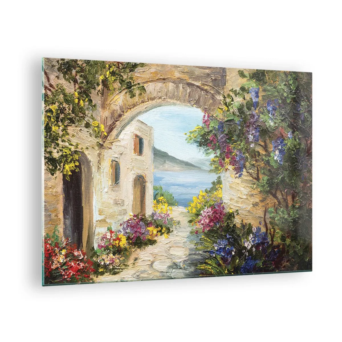 Billede på glas - En malerisk gade med udsigt over søen - 70x50cm - Charmen af kystlandskabet - Moderne vægdekoration til stue og soveværelse ARTTOR