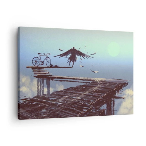 Lærredstryk - Billede på lærred - En figur med fjer svæver over en træbro ved siden af en cykel. - 70x50cm - Icarus for evigt i live - Moderne vægdekoration til stue og soveværelse ARTTOR