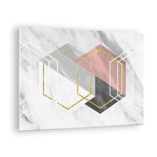 Billede på glas - Gyldne geometriske former på en marmorbaggrund - 70x50cm - Kædesammensætning - Moderne vægdekoration til stue og soveværelse ARTTOR