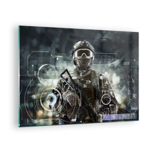 Billede på glas - En soldat i taktisk udstyr på baggrund af en futuristisk brugerflade. - 70x50cm - Magt til potens - Moderne vægdekoration til stue og soveværelse ARTTOR