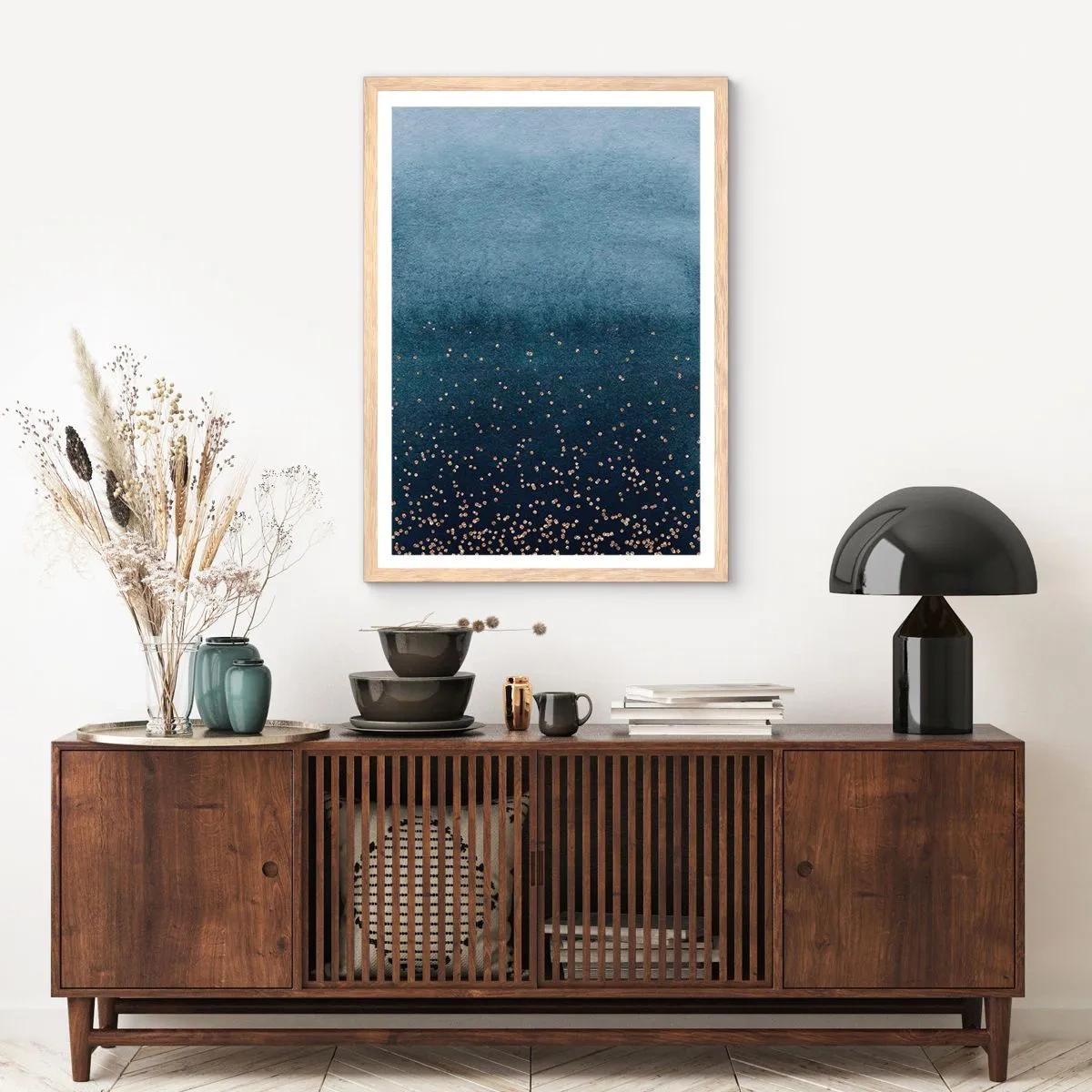 Plakat i ramme af lyst egetræ - Sammensætning - blå faser - 50x70 cm