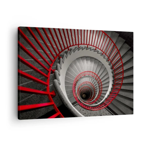 Lærredstryk - Billede på lærred - Vindeltrappe med røde gelændere i et dynamisk perspektiv - 70x50cm - Arkitektoniske lege - Moderne vægdekoration til stue og soveværelse ARTTOR