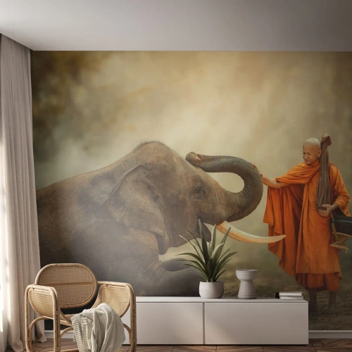 Fototapet Premium Sand - Møde på ferien - Asien, Elefant, Munk - 200x140 cm