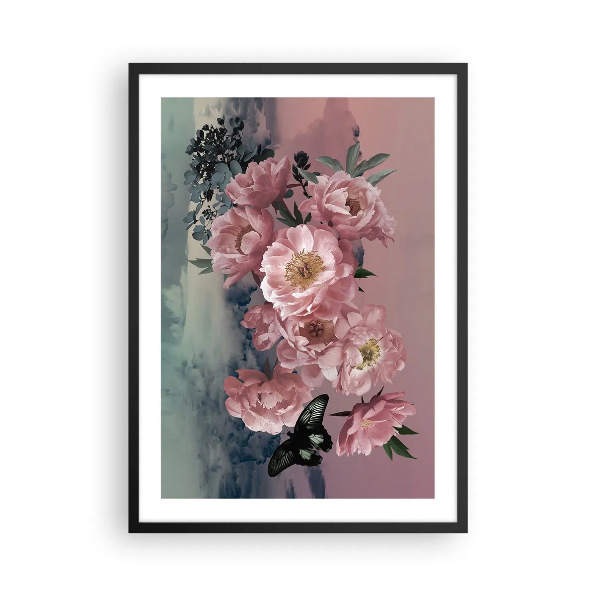 Plakat i sort ramme - En romantisk komposition af blomster og en sommerfugl i pastelfarver. - 50x70cm - Højdepunktet af romantikken - Moderne vægdekoration til stue og soveværelse ARTTOR