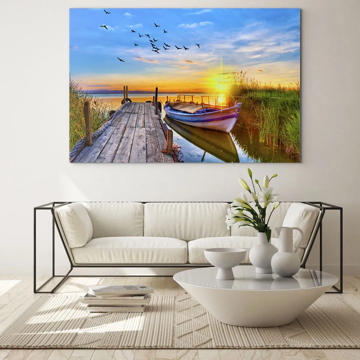 Billede på glas - Træmole over en sø med en båd ved solopgang - 70x50cm - Farvel, indtil i morgen - Moderne vægdekoration til stue og soveværelse ARTTOR