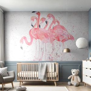 Fototapet Selvklæbende Deluxe Sticker - Lyserød ansambl - Flamingoer, Fugle, Grafik - 500x350 cm