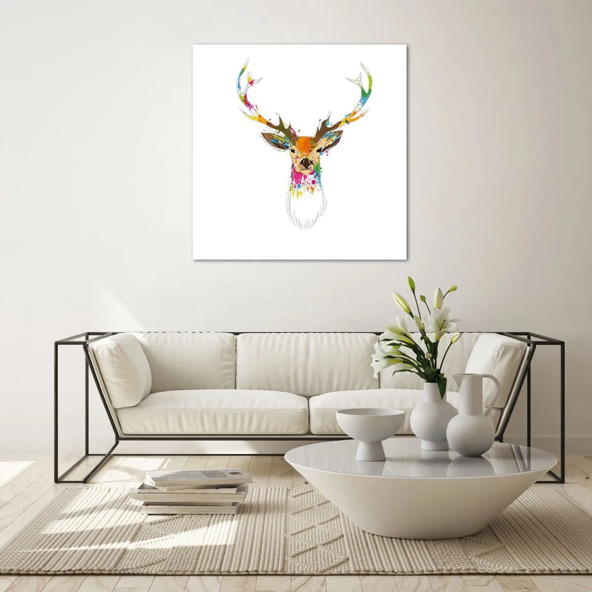 Billede på glas - Blid kronhjort badet i farver - 70x70 cm