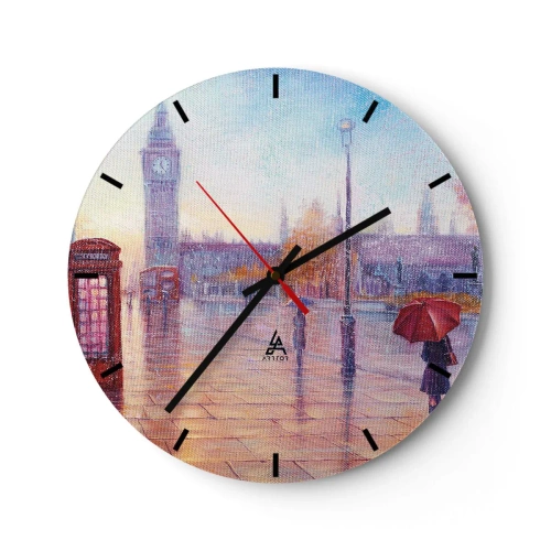 Vægur, Uret - Et malerisk bybillede med Big Ben og en rød paraply - 30x30cm - En efterårsdag i London - Moderne vægdekoration til stue, køkken og soveværelse ARTTOR