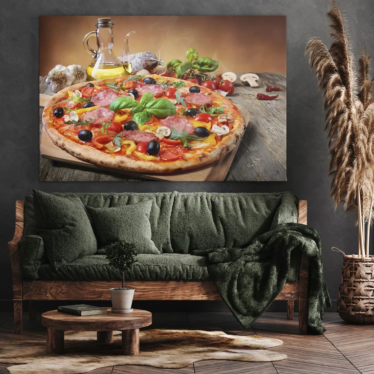 Lærredstryk - Billede på lærred - Lækker pizza på et træbord med toppings - 70x50cm - Med en ægte italiensk smag - Moderne vægdekoration til stue og soveværelse ARTTOR