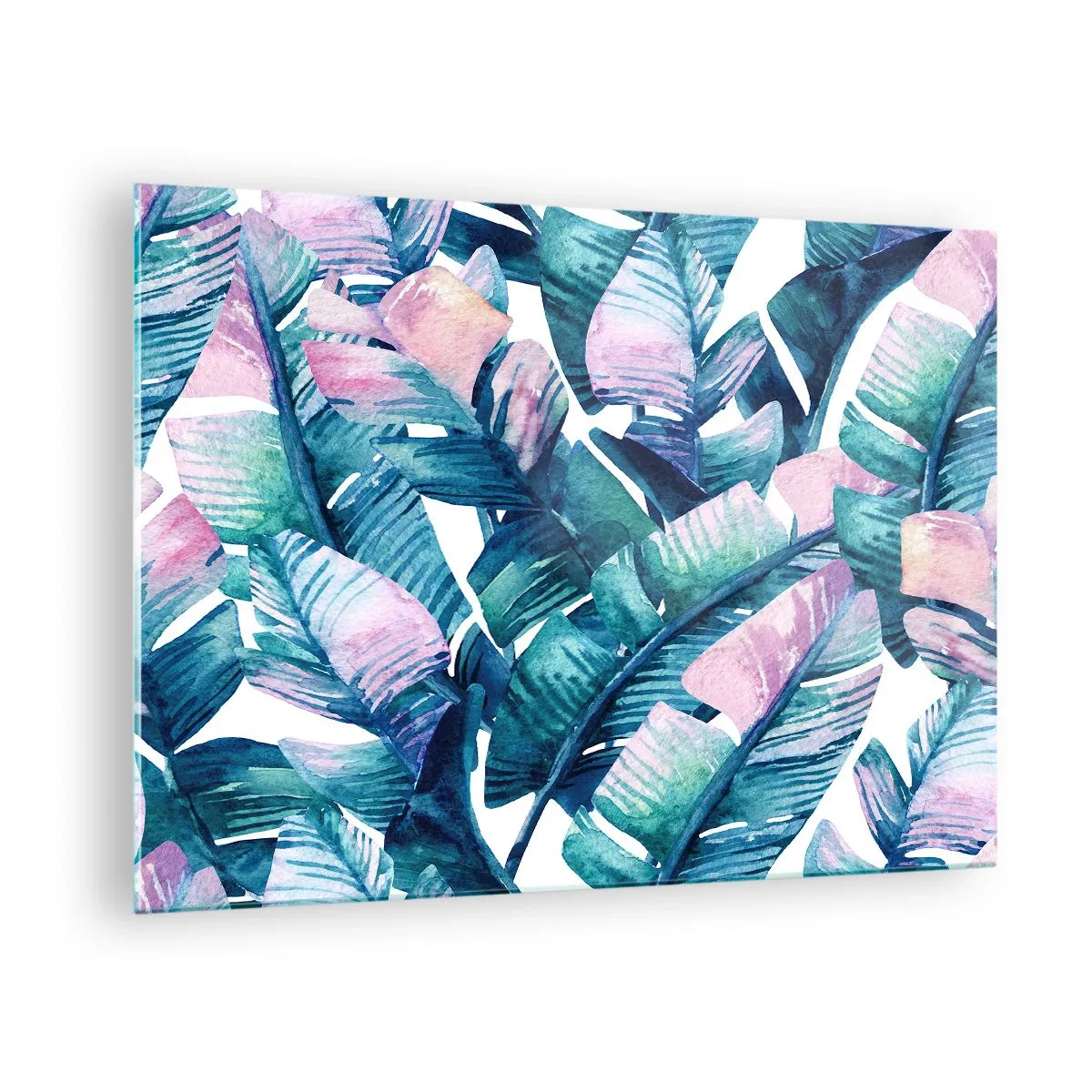 Billede på glas - Bananblade i pastelfarver på en hvid baggrund - 70x50cm - I en bananlund - Moderne vægdekoration til stue og soveværelse ARTTOR