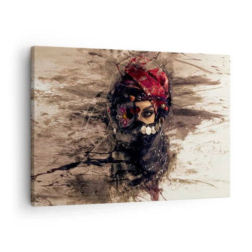 Lærredstryk - Billede på lærred - Kunstnerisk portræt af en kvinde i orientalsk klædedragt mod en abstrakt baggrund. - 70x50cm - Foruroligende for at sige det mildt - Moderne vægdekoration til stue og soveværelse ARTTOR