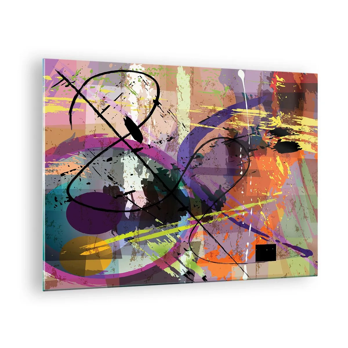 Billede på glas - Farverige abstrakte former og linjer i en dynamisk komposition - 70x50cm - Kan være lige eller rundt - Moderne vægdekoration til stue og soveværelse ARTTOR