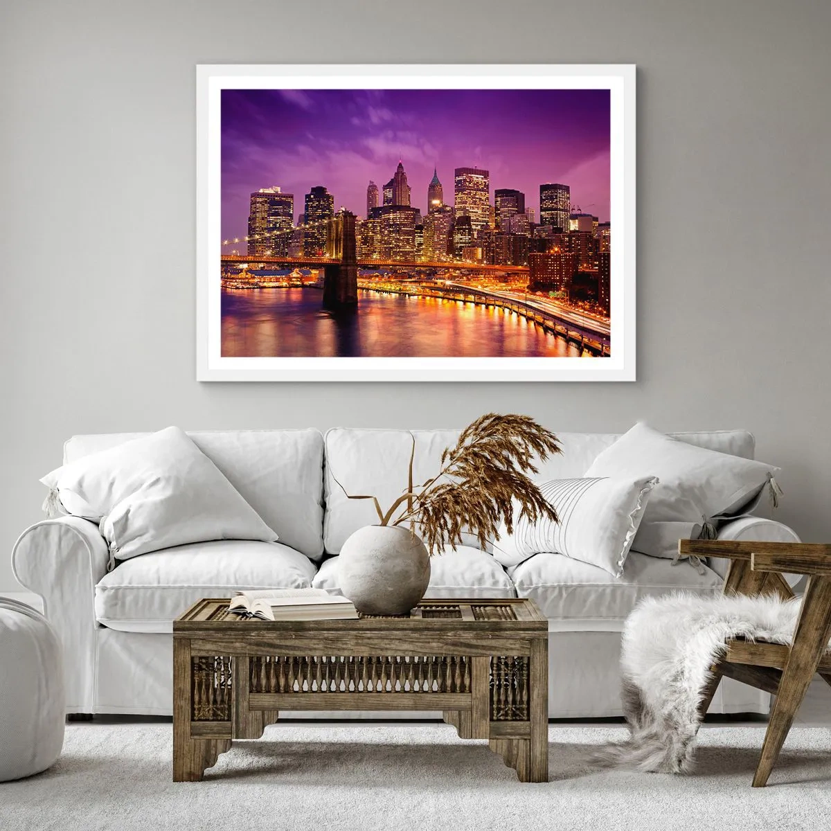 Plakat i hvid ramme - Lilla og gylden Manhattan - 30x30 cm