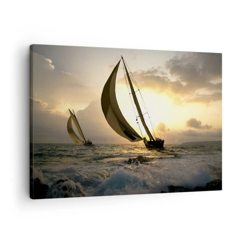 Lærredstryk - Billede på lærred - Sejlbåde på havet under solnedgang - 70x50cm - I medvind og modvind - Moderne vægdekoration til stue og soveværelse ARTTOR