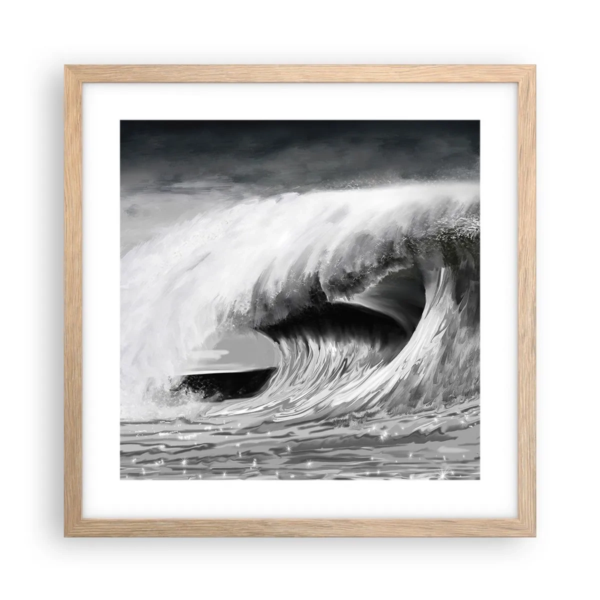 Plakat i ramme af lyst egetræ - Havets vrede - 40x40 cm