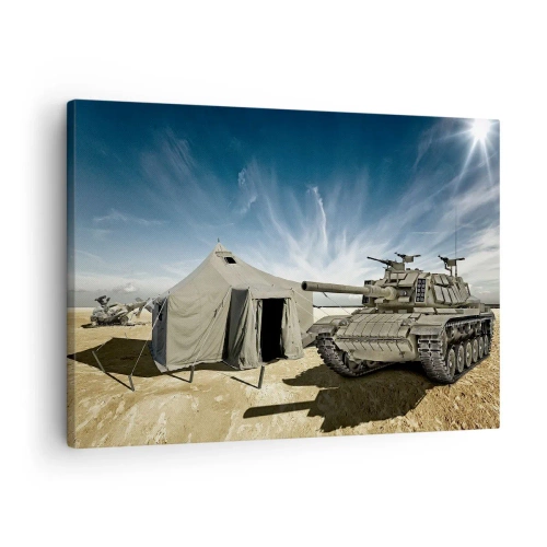 Lærredstryk - Billede på lærred - En tank ved siden af et militærtelt i et ørkenområde - 70x50cm - En militær drøm - Moderne vægdekoration til stue og soveværelse ARTTOR