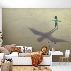 Fototapet Standard Eco - Silhuet af et barn med en fugleformet skygge på jorden - 100x70cm - Fremtidens helt - Moderne vægdekoration til stue og soveværelse ARTTOR