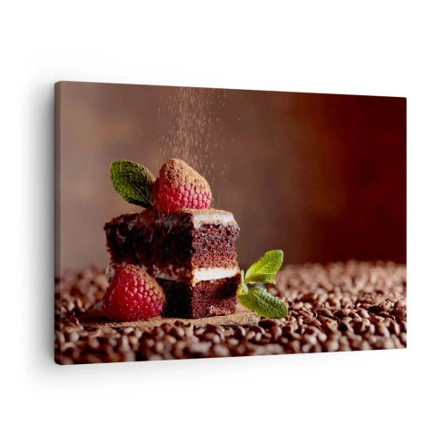 Lærredstryk - Billede på lærred - Chokoladekage med hindbær og mynte på en baggrund af kakaobønner - 70x50cm - Livet er sødt - Moderne vægdekoration til stue og soveværelse ARTTOR