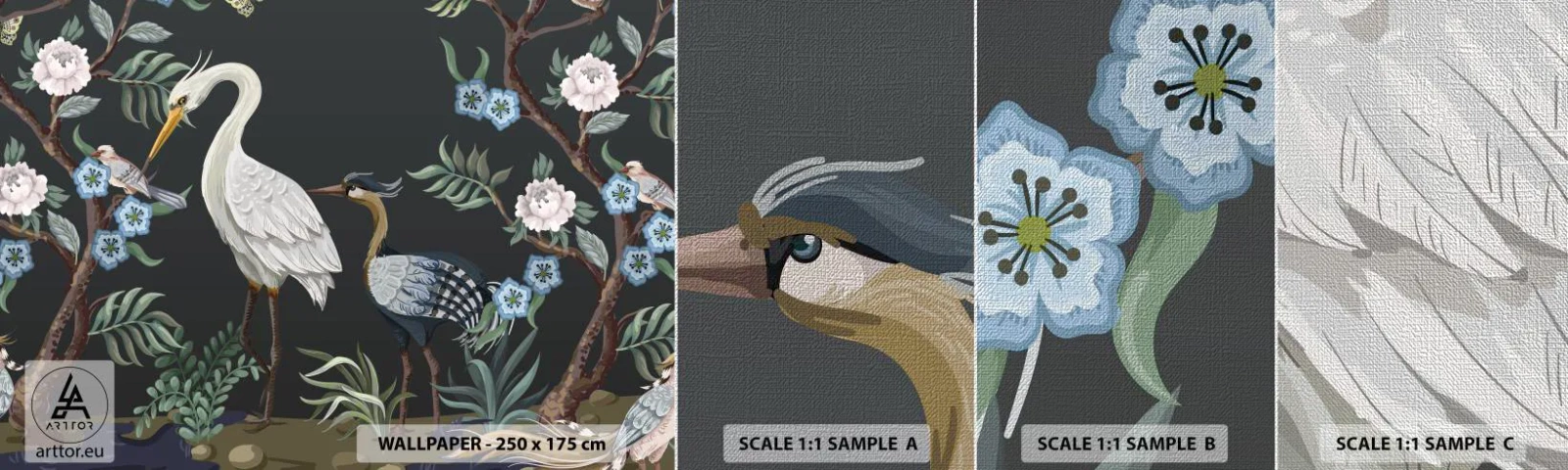 Prøve Fototapet Premium Canvas - Fugleparade - Dyr, Blomster, Fugl - 100x30 cm